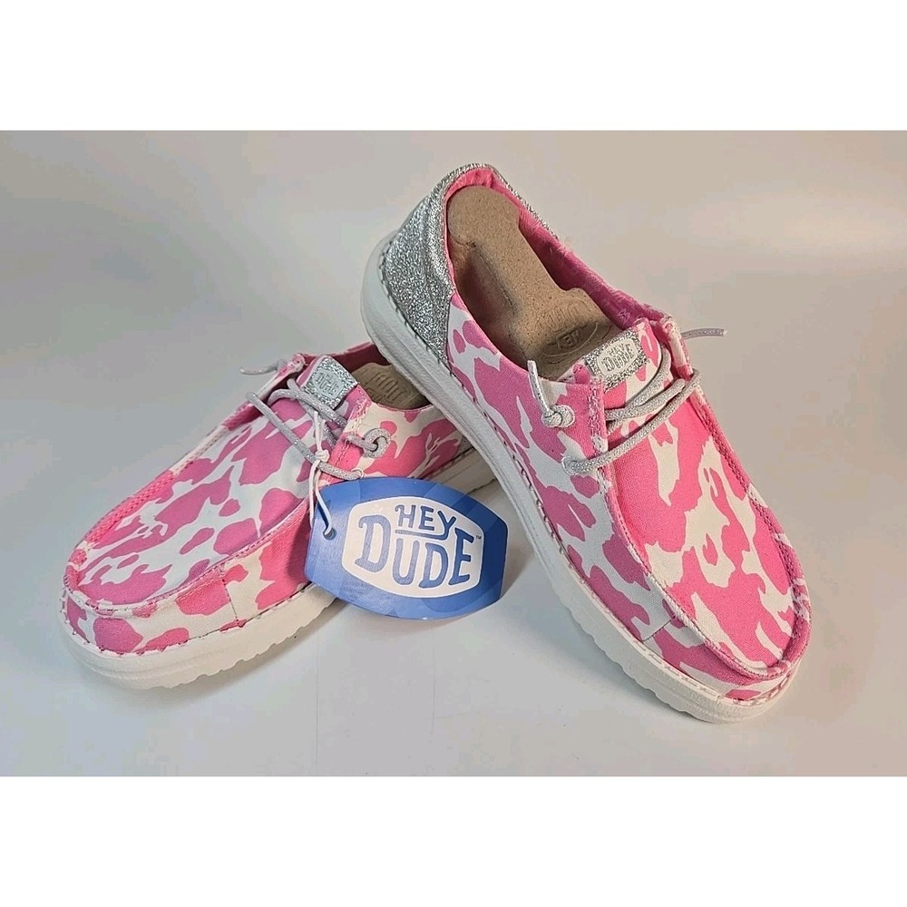 Hey Dude Wendy Funk Cowgirl Bling Pink Cow Silver Shoes Slip On Big Kid Size 4